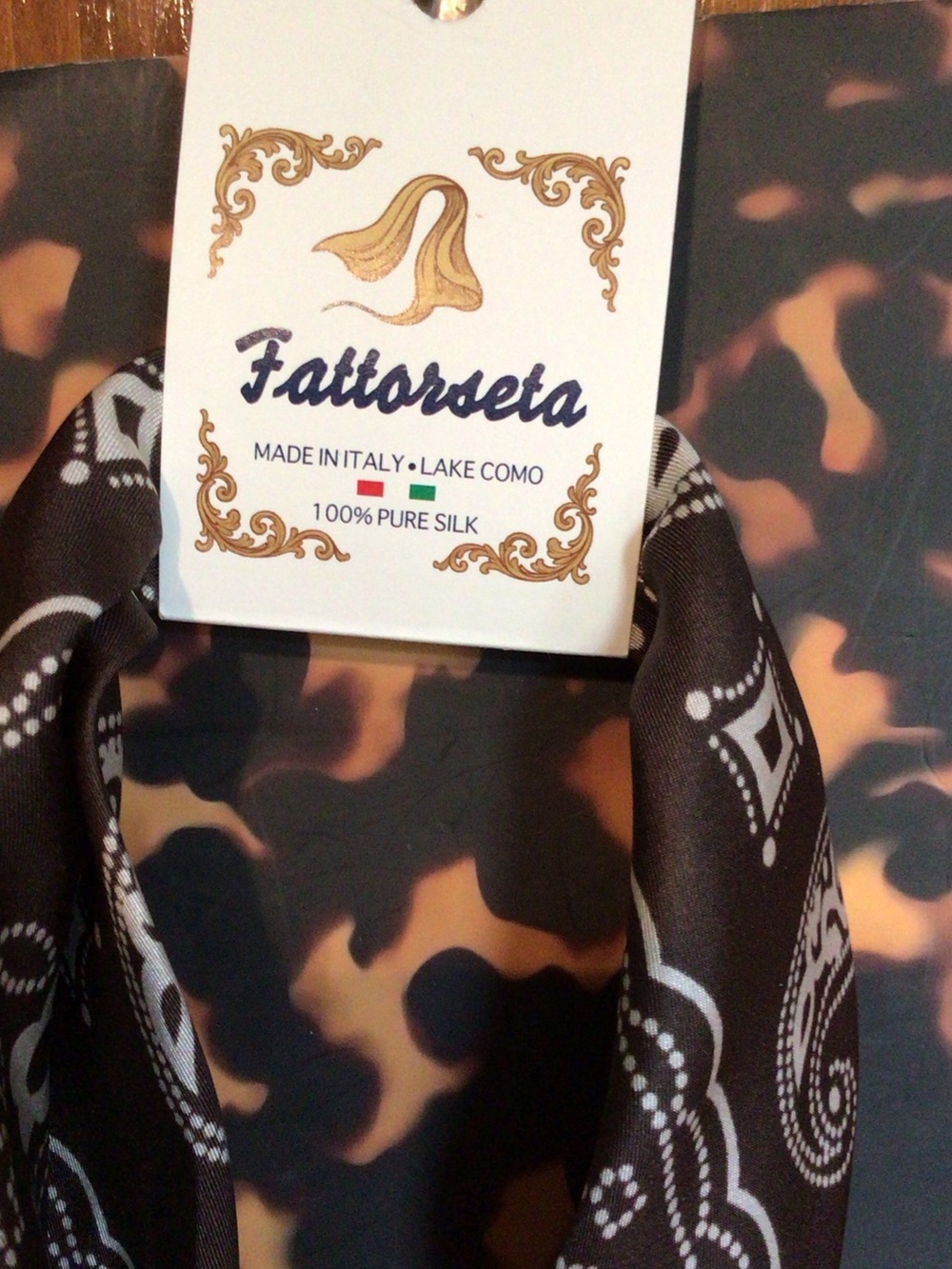 TWO Fattorseta Brown and Cream Paisley + Leopard silk Scarfs w/ FOUR earrings